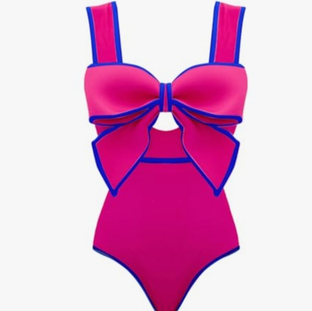 Bright Pink One-Piece Swimsuit with Blue Trim and Front Bow